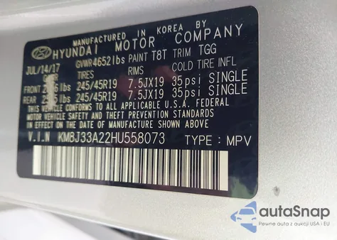 2017 Hyundai Tucson Value from USA, damaged, VIN KM8J33A22HU558073